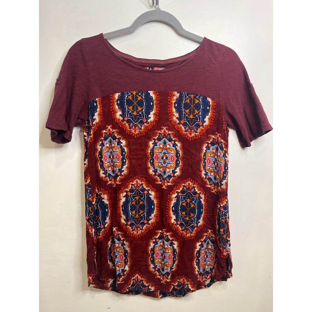 Anthropologie Meadow Rue Women's Boho top Burgundy medallion size S GUC